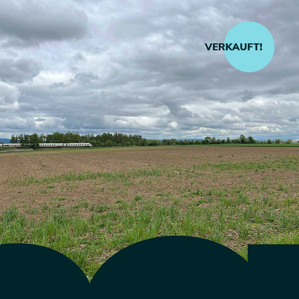 Ein braunes Feld, am Horizont Zugschienen mit einem ICE in Fahrt. Dunkle Wolken am Himmel. Rechts oben im Bild steht: verkauft.